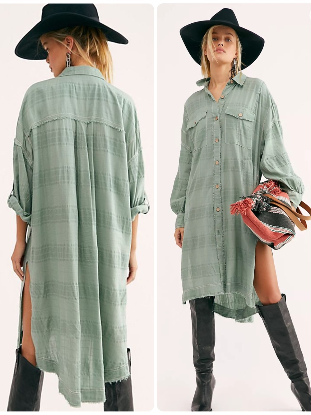 Free People Sahara Sounds Relaxed Longline Shirt Dress Sage Green XS